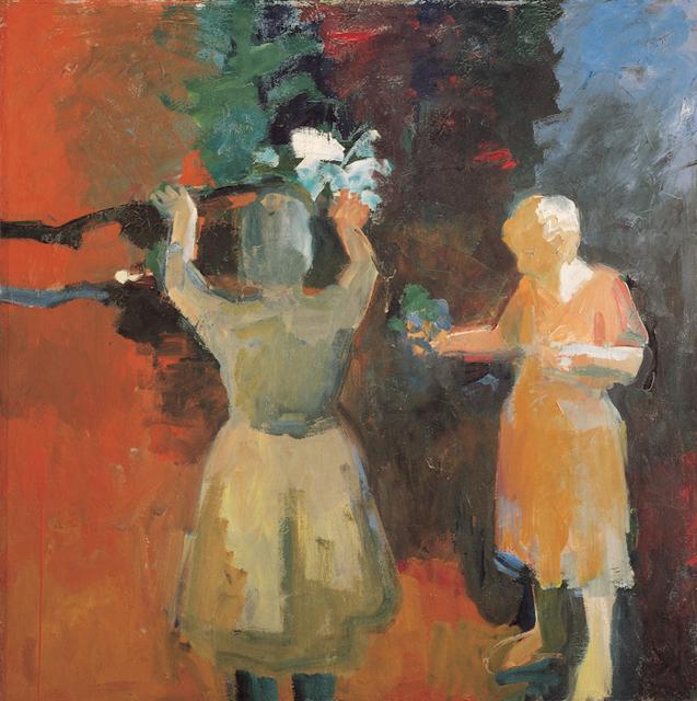 Elmer Bischoff, *Two Women in Vermillion Light*, 1959. Oil on canvas, 67 1/2 x 67 1/2 inches.