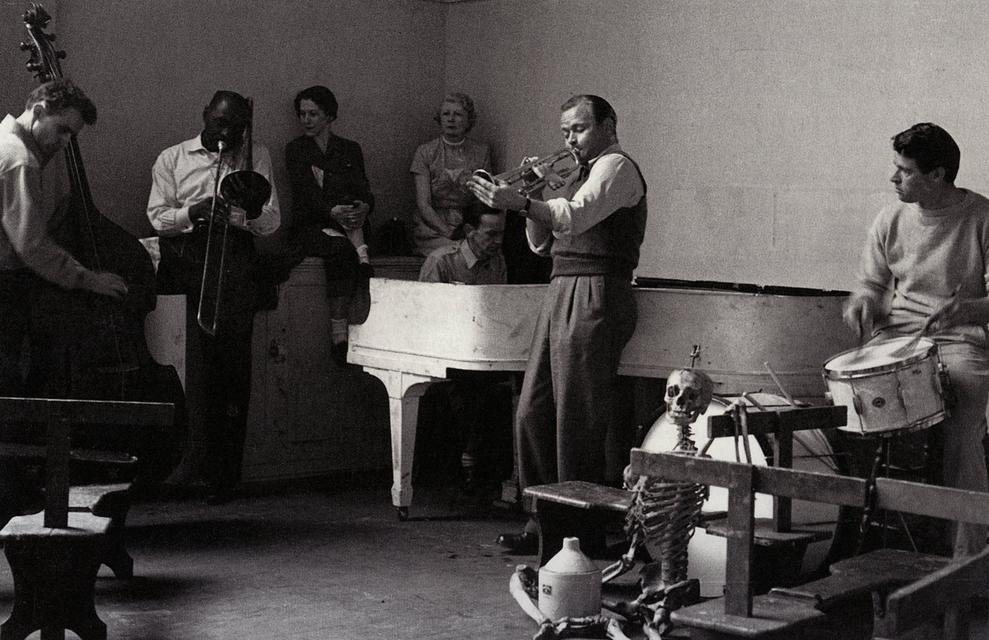 The Studio 13 Jazz Band playing at the California School of Fine Arts, San Francisco, ca. 1951–52, with Jon Schueler (bass), David Park (piano), Elmer Bischoff (trumpet), and Jack Lowe (drums).
