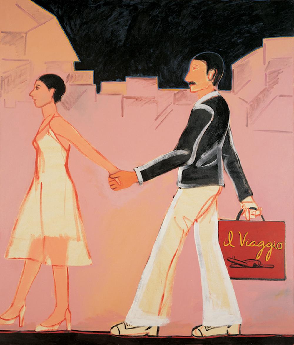 painting of a well dressed couple with the woman leading a man down a street while the man holds a shopping bag with the townscape in the background