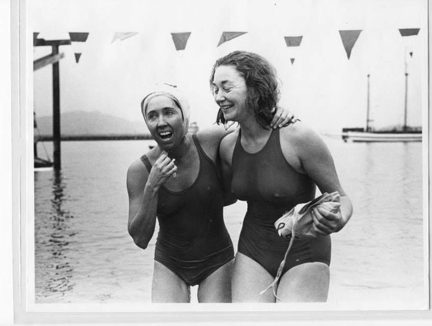 Joan Brown (left) and Karen Folger Jacobs, New Year’s Day Alcatraz Swim, San Francisco, 1978.