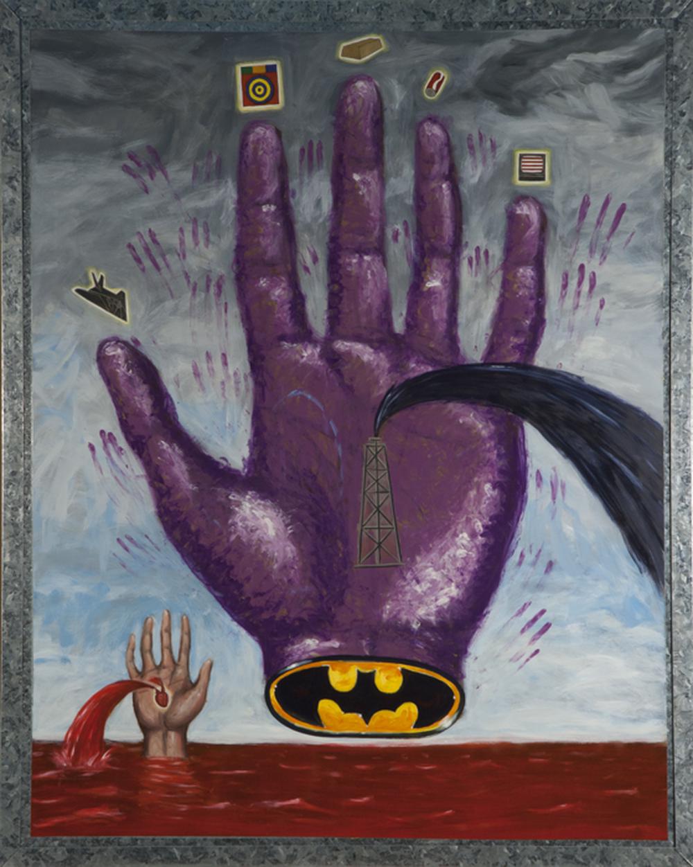 a painting of a purple floating hand with the batman symbol on the base of the palm while the palm spews unrefined oil over a bleedding human hand bleeding from a heart in its palm causing a sea of red against the gray sky in the horizon