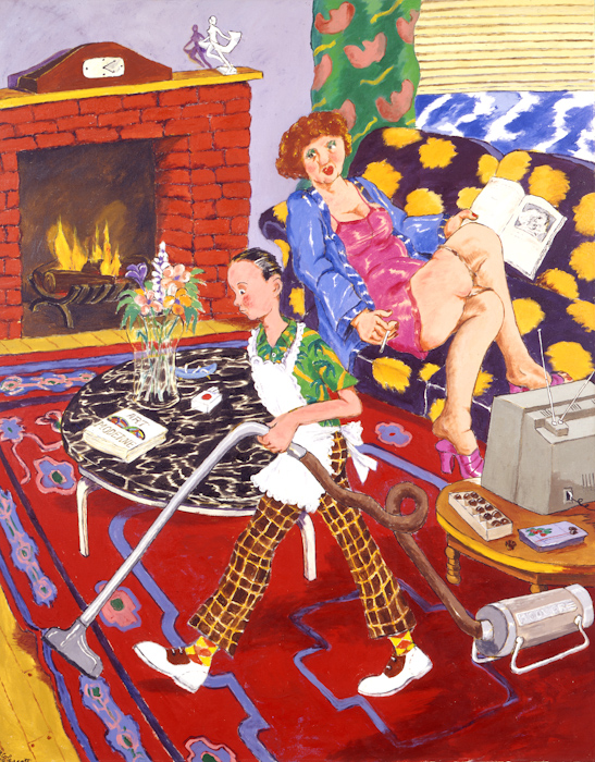 A painting of a young boy cleaning a house with an apron on while a mature woman lounges in her robe of the couch with a magazine watching him