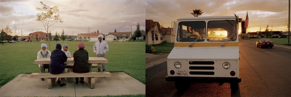 two scenes side-by-side one of a group of men at a picnic table in the park in the late afternoon and the other a postman in his van with the sunset in the background