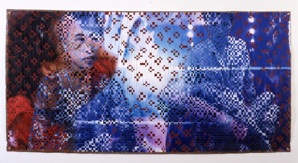 A photo-weaved collage of two contrasting images in a style that resembles vietnamese matts