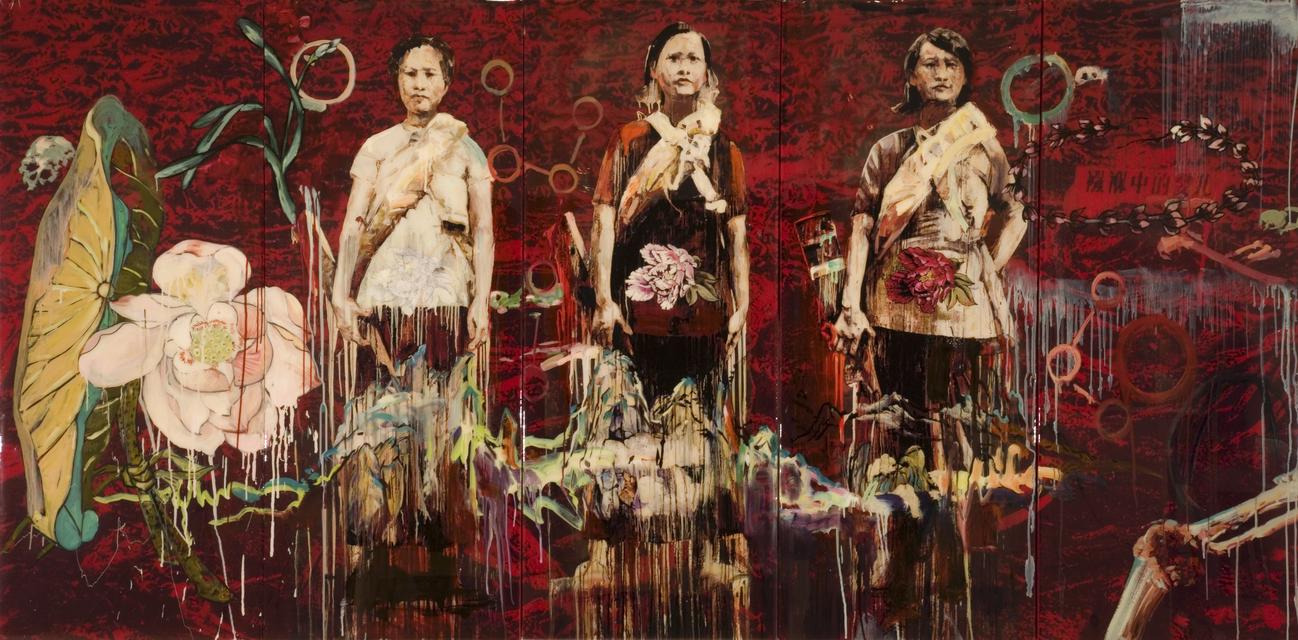 Hung Liu, *Shoah*, 2006. Archival digital pigment print and hand painting cast in resin on silk and board, 60 x 120 x 2 inches.