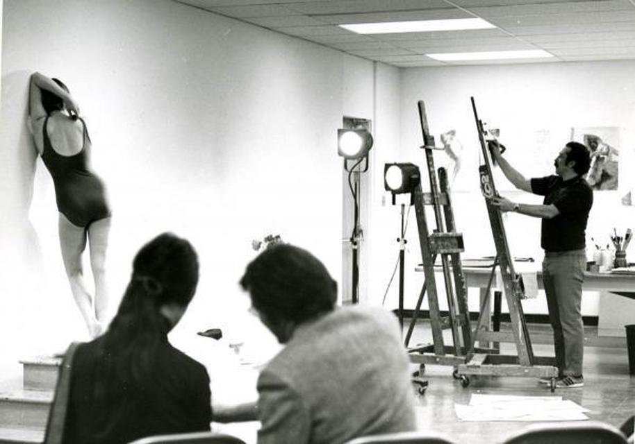 Nathan Oliveira giving a studio demonstration during a residence at Fullerton College, California, 1973.