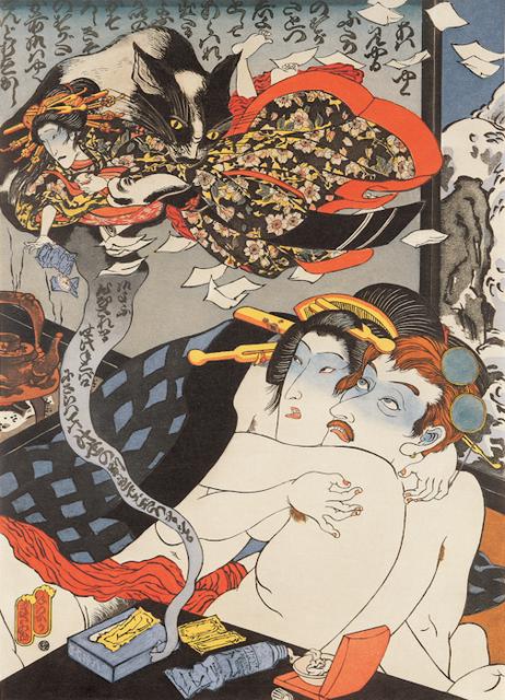 Masami Teraoka, *Geisha and Ghost Cat*, from the “AIDS Series,” 1989–2002. Aquatint and sugar lift etching, spit bite, and direct gravure on paper, 44 x 32 inches.