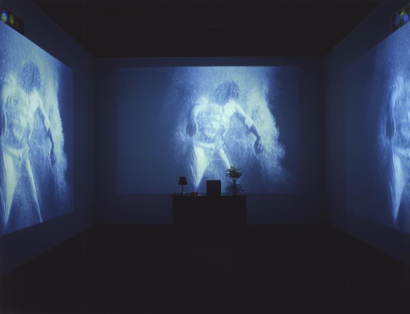 Bill Viola, *The Sleep of Reason*, 1988. Wooden chest, vase and artificial roses, alarm clock, lamp, and video (black-and-white and color, sound), 169 x 230 x 264 inches overall.