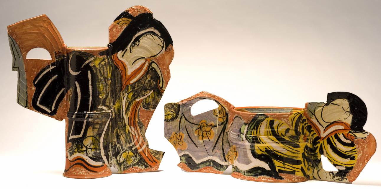 Betty Woodman, *His/Hers Vases, Young Lovers*, 2002. Glazed earthenware, epoxy resin, lacquer, and paint, 31 x 64 x 10 inches.