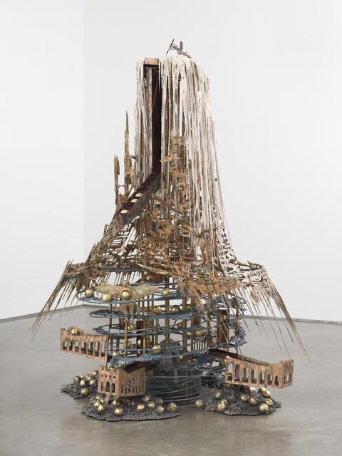 Diana Al-Hadid, *The Candle Clock in the Citadel*, 2017. Modified polymer gypsum, fiberglass, brass, copper, steel, concrete, polyurethane foam, plaster, metal leaf, and pigment, 117 x 90 x 71 inches.