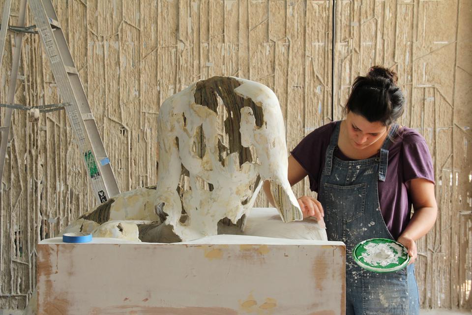 Diana Al-Hadid working on a plaster sculpture, ca. 2012.