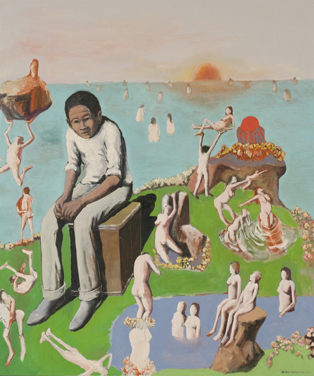 painting of large man on a box surrounded by bodies of water and land with multiple nude figures that are in smaller scale sittnig on land and water