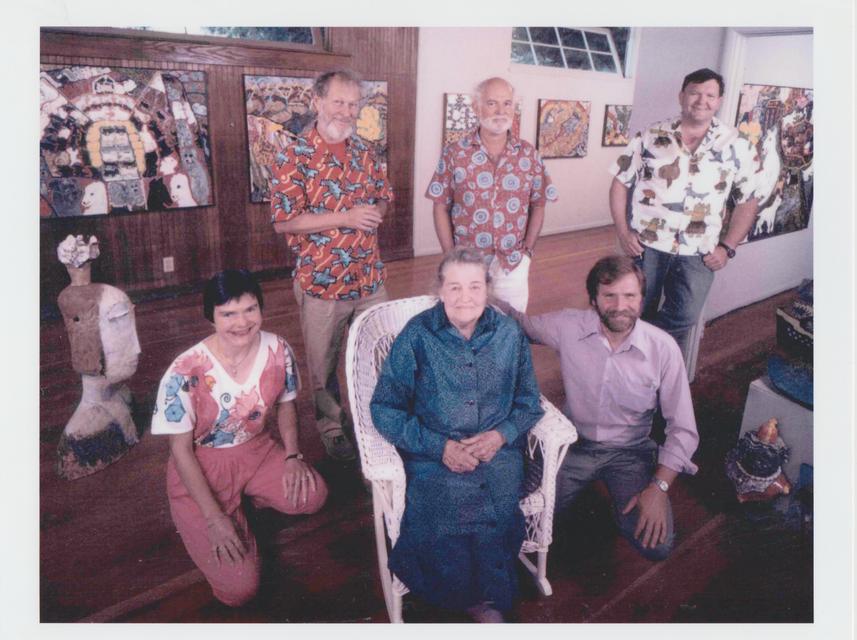 Clockwise from left: Roy De Forest, Robert Arneson, David Gilhooly, Peter VandenBerge, Adeliza McHugh, and Maija Peeples-Bright at the Candy Store Gallery, Folsom, California, 1981.