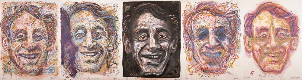 Five portraits of Harvey Milk's face that tell the story of his life through color and texture