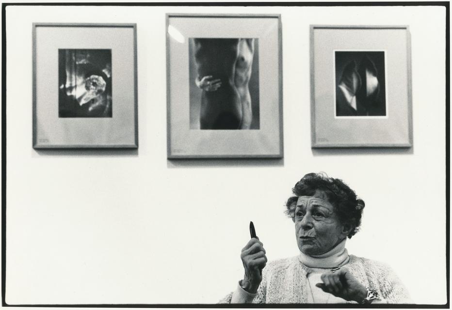 Ruth Bernhard at the Chicago venue of Margaretta K. Mitchell’s traveling exhibition *Recollections: Ten Women of Photography*, 1981.