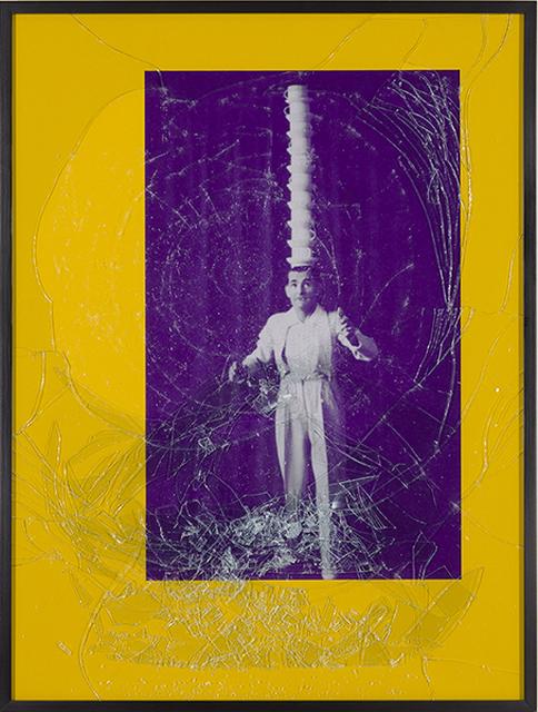 Barbara Bloom, *Balance No. 1 (Purple Head Stack)*, from the series "Broken," 2001. Iris print in colored matte with broken glass embedded in Plexiglas, 41 1/8 x 31 1/8 x 2 inches.