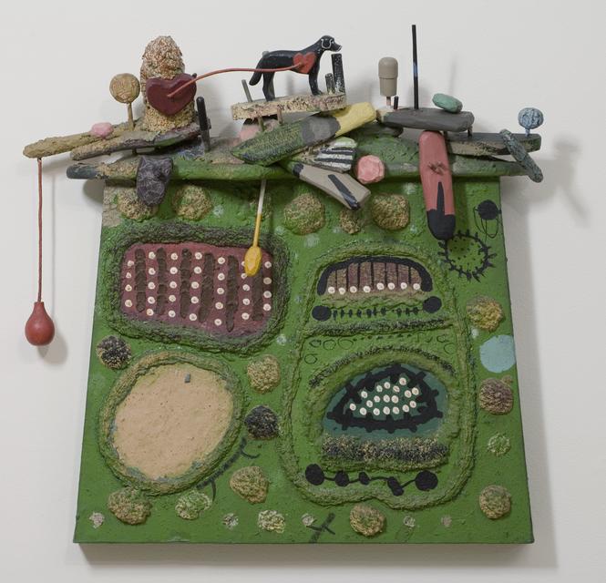 Roy De Forest, *Off the Patagonian Coast*, 1962. Wood, acrylic, polyvinyl acetate, and polyester resin on wood panel, 30 x 30 x 6 inches.