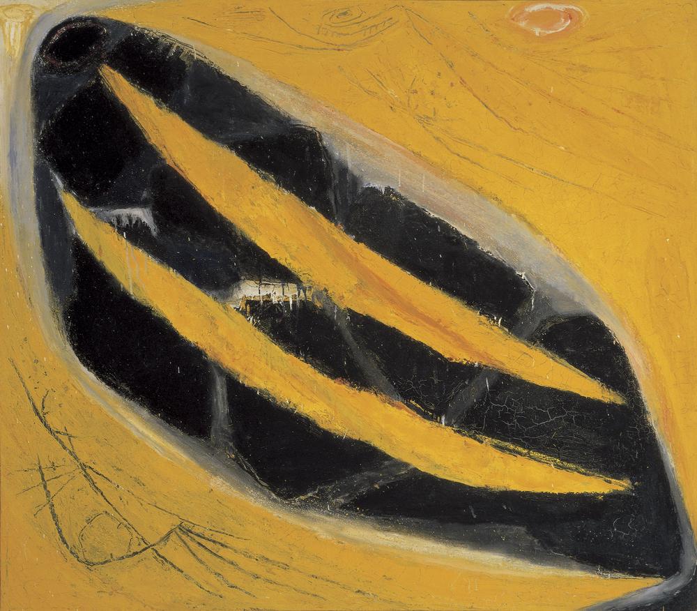 abstract painting of a black subject on a yellow backgound