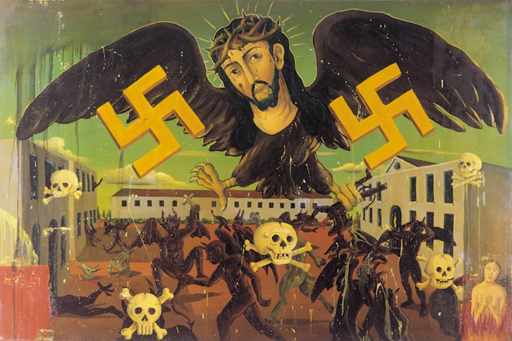 painting with demons swastikas skulls and religous figure jesus in a small village