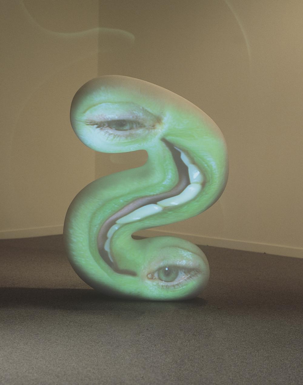 backwards s shaped sculpture with two eyes and mouth distorted to the s shape by using projection