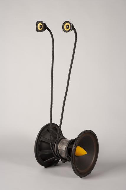 Alan Rath, *Thumper V*, 1996. Aluminum, steel, plastic, and electronics on four speakers, 59  x 20  x 22 inches.