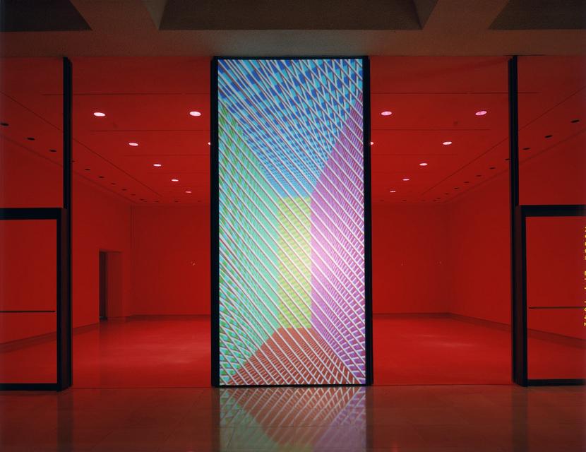 Installation view of Jennifer Steinkamp, *One saw; the other saw*, 2001. Digital projection installation. 