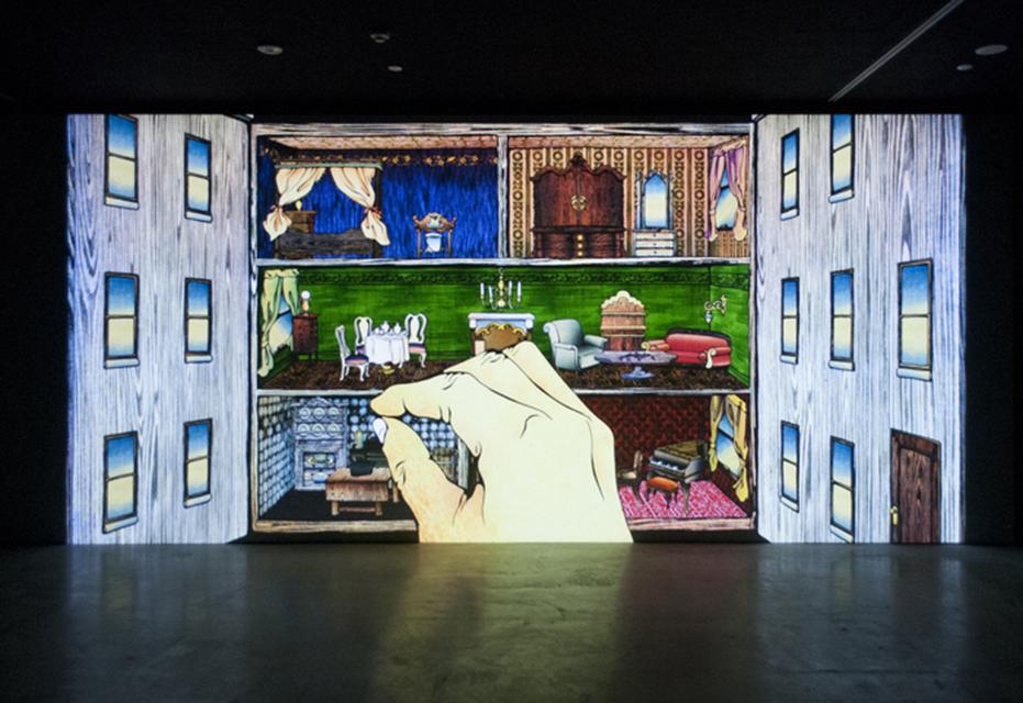 Installation view of Tabaimo, *dolefullhouse*, 2007. Single-channel video installation with panoramic screen, 276 x 84 inches. San José Museum of Art. Museum purchase with funds contributed by the Acquisitions Committee with additional funds provided by the Lipman Family Foundation, 2017.07.
